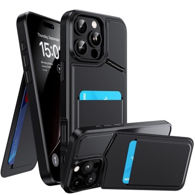For iPhone 16 Pro Max 6.9 inch Card Holder with Mirror Inside PU Leather Hybrid Case - Black