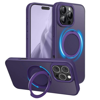 For iPhone 16 Pro Max 6.9 inch Complete Magnetic Metal Ring Stand Camera Protection Hybrid - Purple