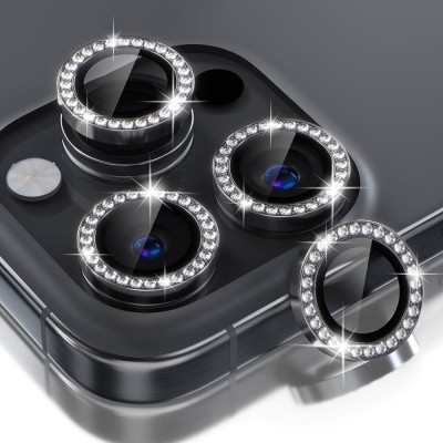 For iPhone 16 Pro Max 6.9 inch Diamond Bling Camera Lens Full Tempered Glass - Black