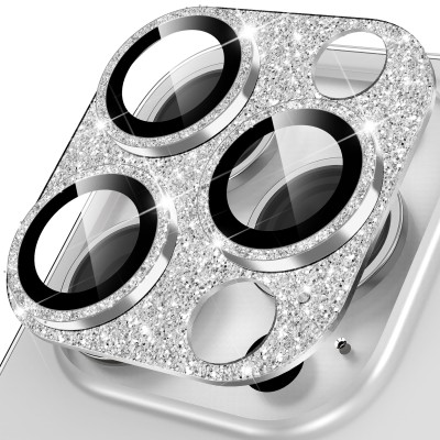 For iPhone 16 Pro Max 6.9 inch Diamond Bling Camera Lens Full Tempered Glass - Silver