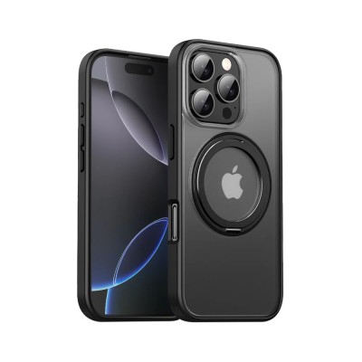 For iPhone 16 Pro Max 6.9 inch Dotted Edged Line Transparent HQ Magnetic Ring Stand Hybrid - Black