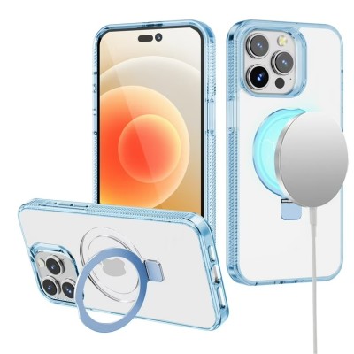 For iPhone 16 Pro Max 6.9 inch Dotted Edged Line Transparent HQ Magnetic Ring Stand Hybrid - Light Blue