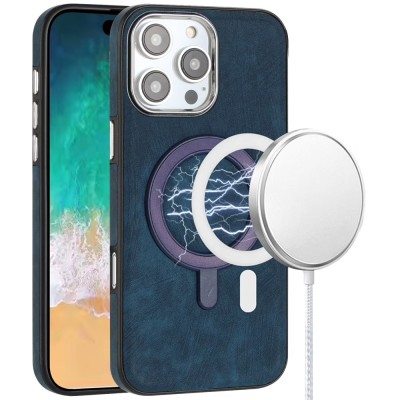 For iPhone 16 Pro Max 6.9 inch Fashion PU Vegan Chrome Edged Case Cover - Dark Blue