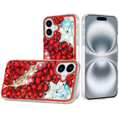 For iPhone 16 Pro Max 6.9 inch Full Diamond with Ornaments Case Cover - Red Exquisite Garden