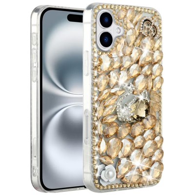 For iPhone 16 Pro Max 6.9 inch Full Diamond with Ornaments Hard TPU Case Cover - Gold Swan Crown Pearl