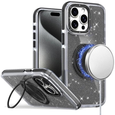 For iPhone 16 Pro Max 6.9 inch Glitz HQ Shimmer Glitter [Magnetic Ring Circle] with 360 degree Rotational Ring Kickstand Tough Hybrid Case - Black