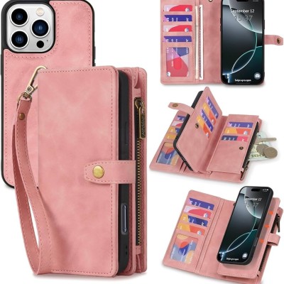 For iPhone 16 Pro Max 6.9 inch Jewel Wallet Design with Stitched PU Leather ID Card Money Holder Zipper Case - Pink
