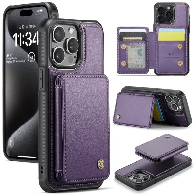 For iPhone 16 Pro Max 6.9 inch Jewel Wallet Design with Stitched PU Leather ID Card Money Holder Zipper Case - Purple