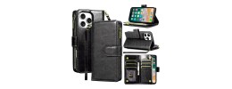 For iPhone 16 Pro Max 6.9 inch Luxury Wallet Card ID Zipper Money Holder Case Cover - Black