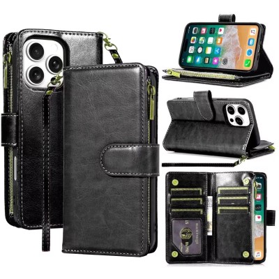 For iPhone 16 Pro Max 6.9 inch Luxury Wallet Card ID Zipper Money Holder Case Cover - Black