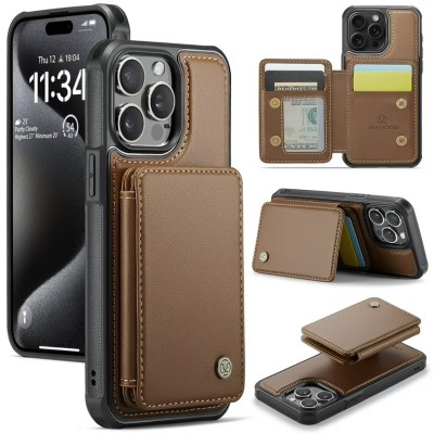 For iPhone 16 Pro Max 6.9 inch Luxury Wallet Card ID Zipper Money Holder Case Cover - Brown