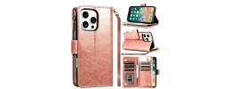 For iPhone 16 Pro Max 6.9 inch Luxury Wallet Card ID Zipper Money Holder Case Cover - Hot Pink