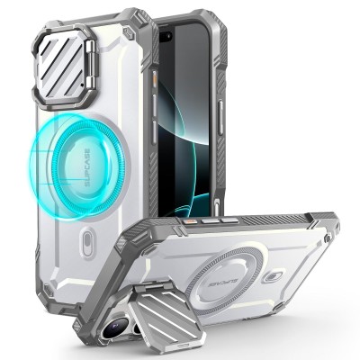 For iPhone 16 Pro Max 6.9 inch METKASE Metal Chrome Kickstand [Magnetic Circle] Shockproof Matching Camera Hybrid in Slide-Out Package - Clear