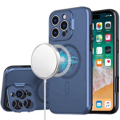 For iPhone 16 Pro Max 6.9 inch METKASE Metal Chrome Kickstand [Magnetic Circle] Shockproof Matching Camera Hybrid in Slide-Out Package - Navy Blue