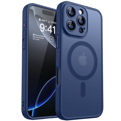 For iPhone 16 Pro Max 6.9 inch [Magnetic Circle] Smooth Safe Matte Feel Hybrid Case - Navy Blue