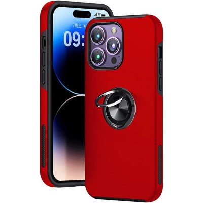 For iPhone 16 Pro Max 6.9 inch Magnetic Ring Circle Camera Cap KickStand Hybrid UV Paint Matte Finish Case - Red