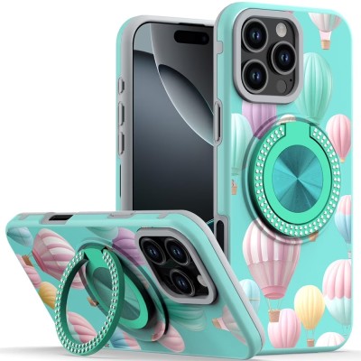 For iPhone 16 Pro Max 6.9 inch Metal Diamond CD Pattern Design Matte Finished Hybrid with Rotational Ring [Car Mount Friendly] Case - Floral B