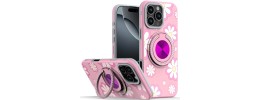 For iPhone 16 Pro Max 6.9 inch Metal Diamond CD Pattern Design Matte Finished Hybrid with Rotational Ring [Car Mount Friendly] Case - Floral D