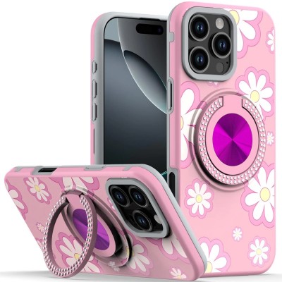 For iPhone 16 Pro Max 6.9 inch Metal Diamond CD Pattern Design Matte Finished Hybrid with Rotational Ring [Car Mount Friendly] Case - Floral D