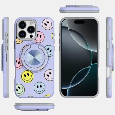 For iPhone 16 Pro Max 6.9 inch Metal Diamond CD Pattern Design Matte Finished Hybrid with Rotational Ring [Car Mount Friendly] Case - Floral E