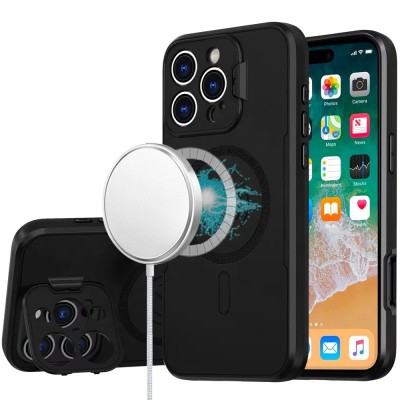 For iPhone 16 Pro Max 6.9 inch Multi-Functional Card Magnetic Ring Stand Hybrid Camera Case Cover - Black