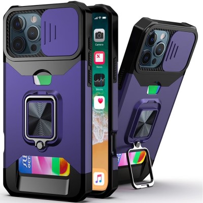 For iPhone 16 Pro Max 6.9 inch Multi-Functional Card Magnetic Ring Stand Hybrid Camera Case Cover - Dark Purple