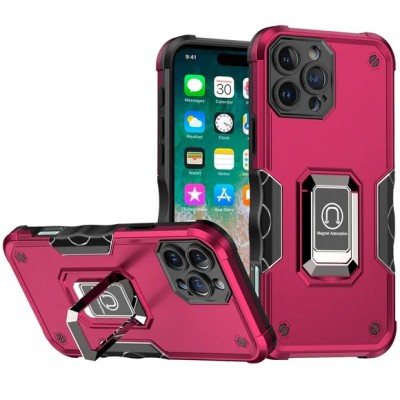 For iPhone 16 Pro Max 6.9 inch OPTIMUM Magnetic Ring Stand Hybrid Case Cover - Hot Pink