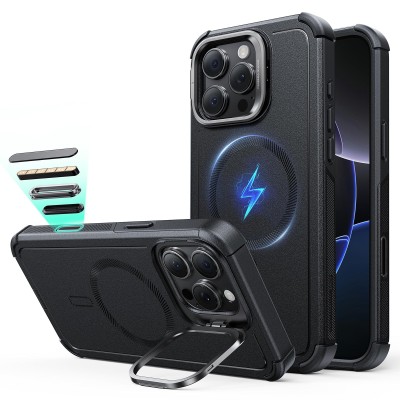 For iPhone 16 Pro Max 6.9 inch Push Mount Friendly Camera Protective [Ring Stand] Hybrid Case - Black