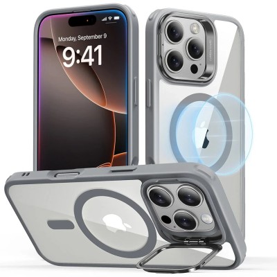 For iPhone 16 Pro Max 6.9 inch Push Mount Friendly Camera Protective [Ring Stand] Hybrid Case - Gray