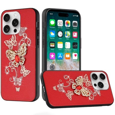 For iPhone 16 Pro Max 6.9 inch SPLENDID Diamond Glitter Ornaments Engraving Case Cover - Enchanted Butterfly Red