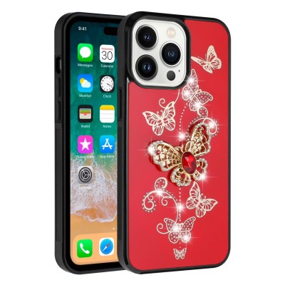 For iPhone 16 Pro Max 6.9 inch SPLENDID Diamond Glitter Ornaments Engraving Case Cover - Good Luck Floral Red