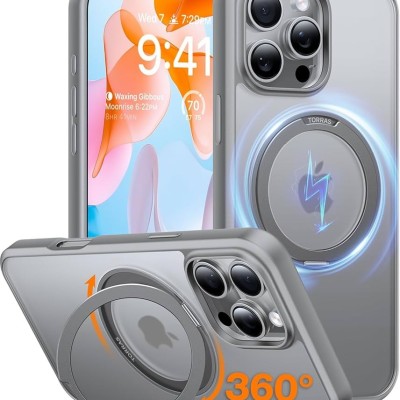 For iPhone 16 Pro Max 6.9 inch Shield Magnetic Ring Transparent HQ 360 Degree Rotational Shockproof Case Cover - Smoke