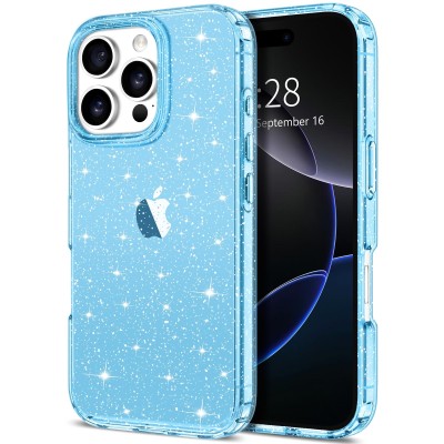 For iPhone 16 Pro Max 6.9 inch Smiling Glitter Ornament Bling With Ring Stand Hybrid Case Cover - Blue