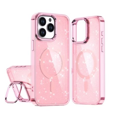 For iPhone 16 Pro Max 6.9 inch Splendid Glitter with Diamonds All Around Edges Ring Stand Case Cover - Pink