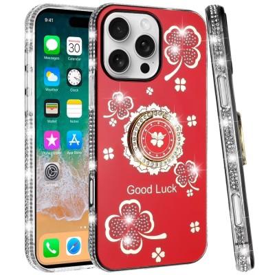 For iPhone 16 Pro Max 6.9 inch Splendid Glitter with Diamonds All Around Edges Ring Stand Case Cover - Red