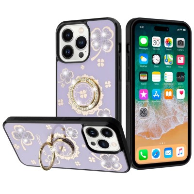 For iPhone 16 Pro Max 6.9 inch Stick-On Embedded Glass Diamonds of Colorful Floral Arrangement HQ Hybrid Case - Purple