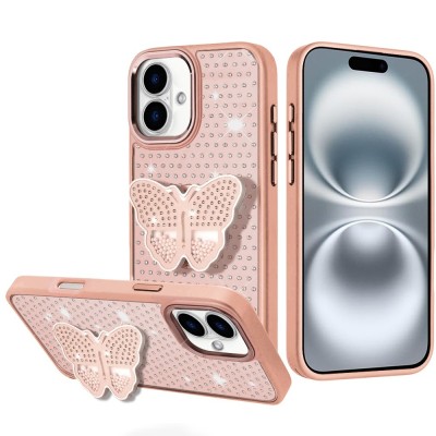 For iPhone 16 Pro Max 6.9 inch Stick-On Embedded Glass Diamonds of Colorful Floral Arrangement HQ Hybrid Case - Rose Gold