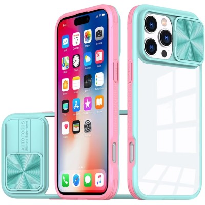 For iPhone 16 Pro Max 6.9 inch Ultimate U Design Hybrid with Camera Window Covering - Teal+Pink