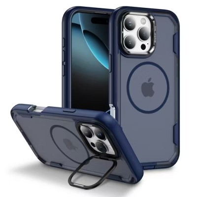 For iPhone 16 Pro Max 6.9 inch Utter Tough Metal Ring Movable Camera Window Hybrid Case Cover - Navy blue