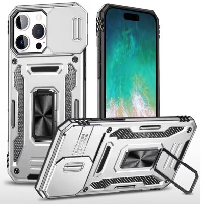 For iPhone 16 Pro Max 6.9 inch Utter Tough Metal Ring Movable Camera Window Hybrid Case Cover - Silver