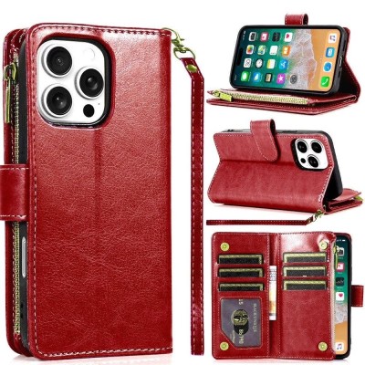 For iPhone 16 Pro Max 6.9 inch Wallet ID Card Holder Case Cover - Red