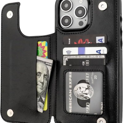 For iPhone 16 Pro Max 6.9 inch Wallet Premium PU Vegan Leather ID Card Money Holder with Magnetic Closure - Black