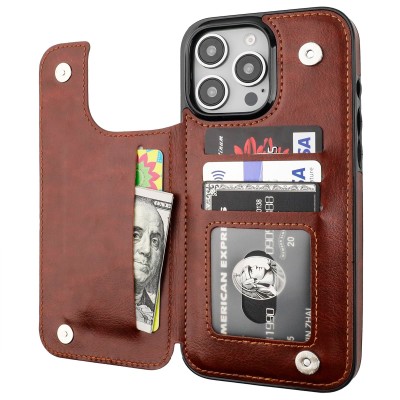 For iPhone 16 Pro Max 6.9 inch Wallet Premium PU Vegan Leather ID Card Money Holder with Magnetic Closure - Brown