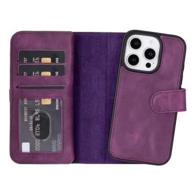 For iPhone 16 Pro Max 6.9 inch Wallet Premium PU Vegan Leather ID Card Money Holder with Magnetic Closure - Purple