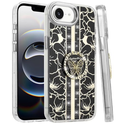 For iPhone 16E (E edition) / SE4 (2025) Splendid Floral Designs with
 Metal Camera and Buttons with Butterfly Ring Stand Hybrid Case 
Purple QBSPLNDXFLR-iP16E-Prp