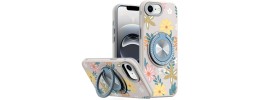 For iPhone 16E (E edition) / SE4 (2025) Metal Diamond CD Pattern  Design Matte Finished Hybrid with Rotational Ring [Car Mount  Friendly] Case - Floral E