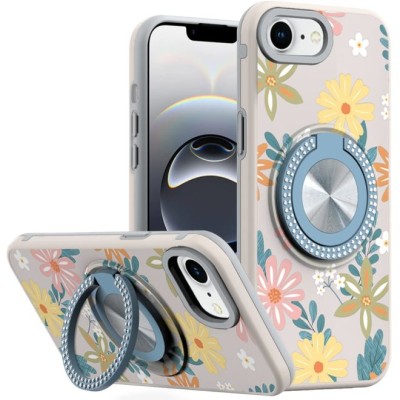 For iPhone 16E (E edition) / SE4 (2025) Metal Diamond CD Pattern  Design Matte Finished Hybrid with Rotational Ring [Car Mount  Friendly] Case - Floral E