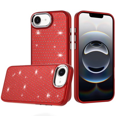 For iPhone 16E (E edition) / SE4 (2025) Beautiful Diamond Metallic  Design Metal Chrome Edged Hybrid - Red