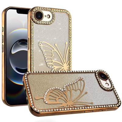 For iPhone 16E (E edition) / SE4 (2025) Beautiful Diamond Metallic  Design Metal Chrome Edged Hybrid - Rose Gold