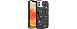 For iPhone 16E (E edition) / SE4 (2025) Butterfly Moveable Grip  Stand With Small Diamonds Meta Buttons HQ Hybrid - Black